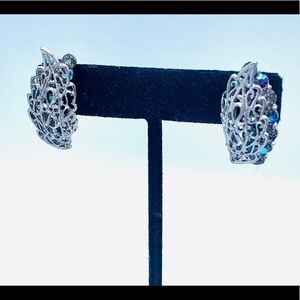 Vintage filigree rhinestone clip on earrings climbers caged AB crystals